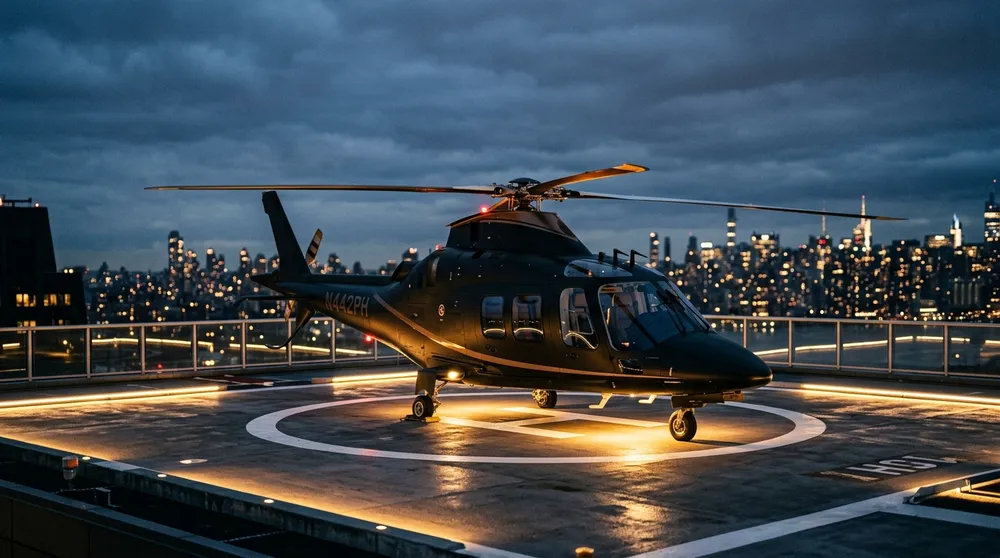 Private helicopter on a rooftop helipad above the city at night