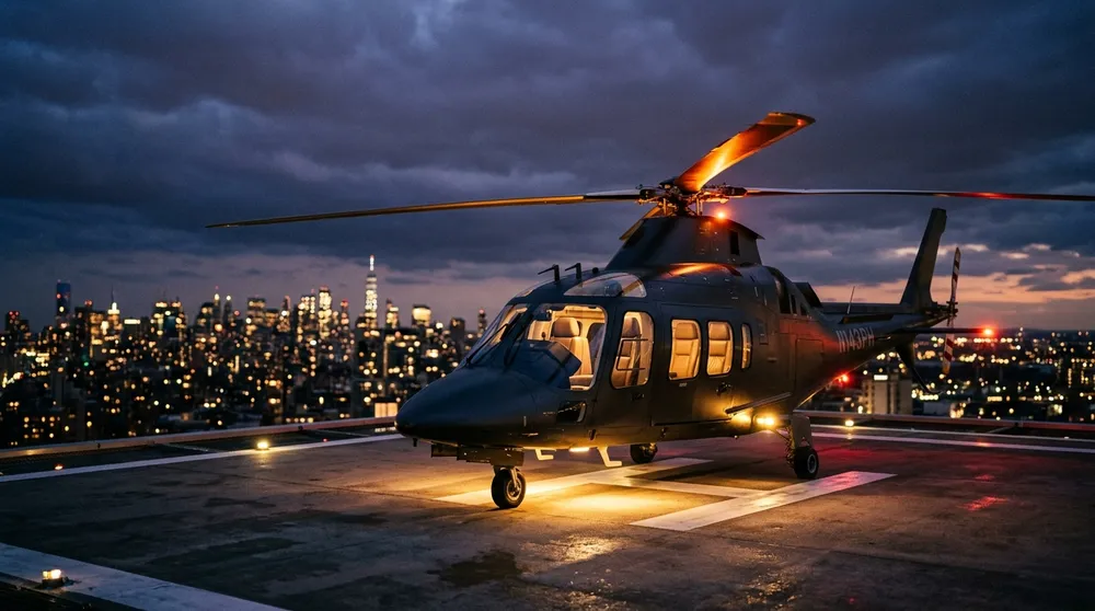 Private helicopter on a rooftop helipad at dusk